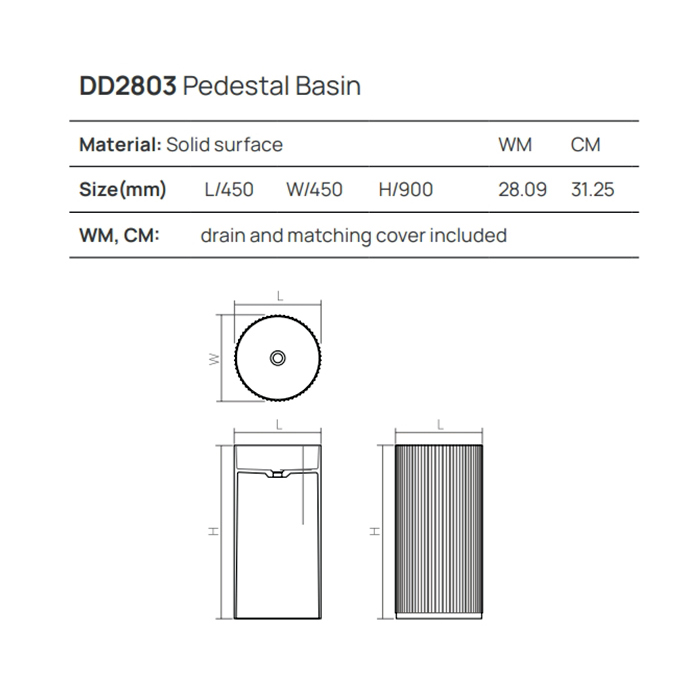 Dea Design Pedestal Basin Раковина 45х45х90см., напольная, без отв., Solid Surface, цвет: White №18