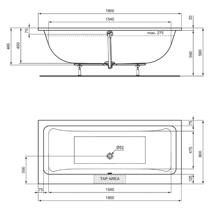 Ideal Standard Dolce Vita DUO Ванна 180x80 см, встраиваемая, акрил, без панелей, перелива, ножки в комплекте, цвет: белый глянец