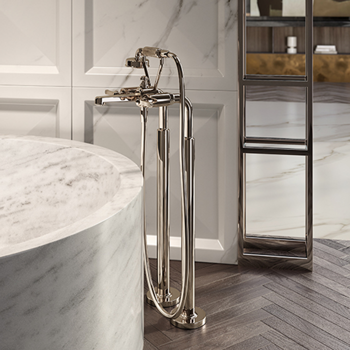 Gessi Venti20 Смеситель для ванны напольный, двухвентильный, с ручным душем и шлангом 1500 мм., внешняя часть, цвет: Brass PVD