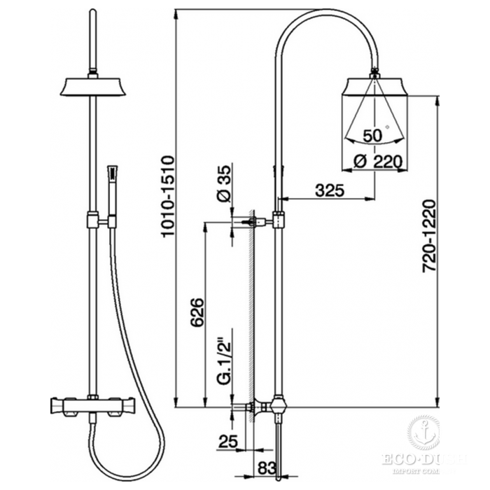 CISAL Cherie Душевая система:термостатический смеситель для душа,верхний душ,ручной душ с держателем и шлангом, цвет: золото