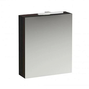 Laufen Base Шкаф зеркальный 60x18.5x70см, 1 дверца, SX, с горизонтальным элементом LED-подсветки, 2 стеклянные полки, 1 розетка, цвет: темный вяз