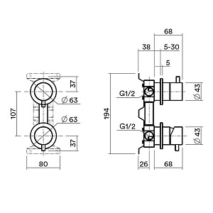 QuadroDesign Встраиваемая часть настенного смесителя на 2 потока, цвет: Light Gold PVD