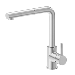 Newform Real Steel Смеситель для кухни, на 1 отв., поворотный L-излив, выдвижная лейка, цвет: нержавеющая сталь