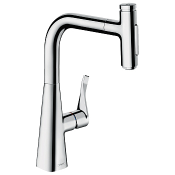 Hansgrohe Metris M71 Смеситель для кухни, на 1 отв, поворотный излив: 20.8см с вытяжным душем, 2jet, h238мм, sBox кнопка вкл/выкл,, цвет: хром