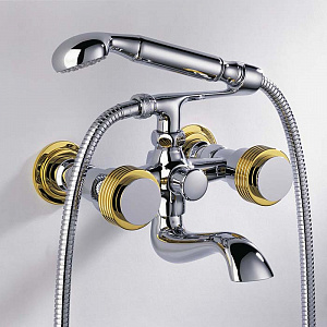 THG Diplomate grooved rings Смеситель для ванны, настенный монтаж, с ручным душем и шлангом 1500 мм., цвет: хром/золото