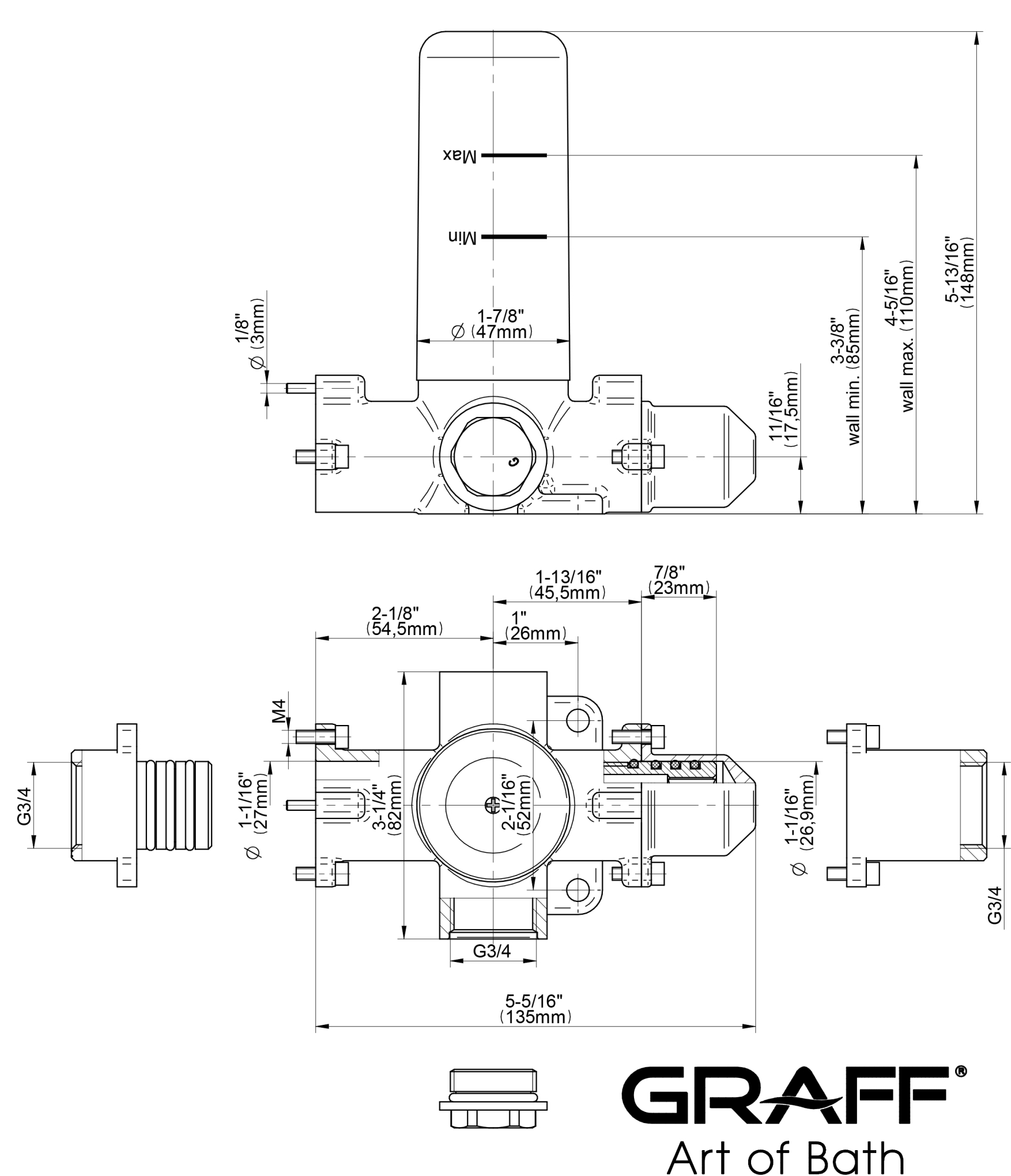 GRAFF UNIVERSAL 3/4” 2-ходовой переключающий клапан с общим управлением расходом, 2 выхода