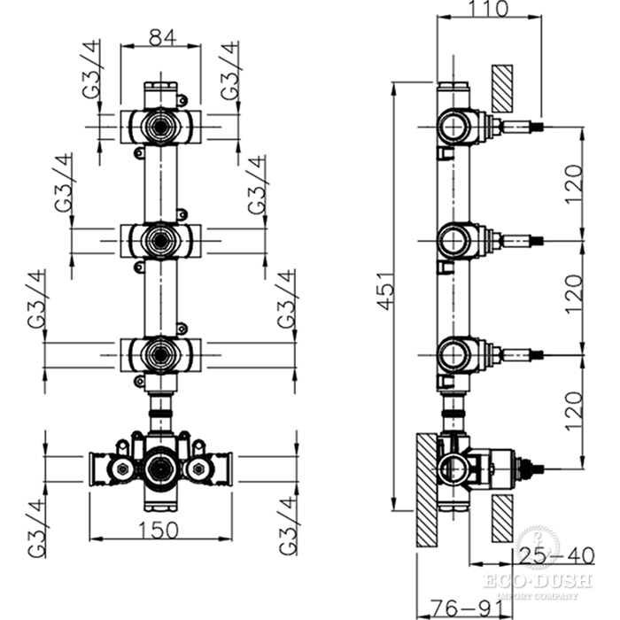 CISAL Встраиваемая часть термостатического смесителя 3/4" с тремя запорными вентилями, ZA01V30004
