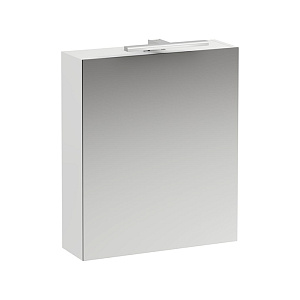 Laufen Base шкаф зеркальный 600x185x700 мм, 1 дверца, петли справа, с гориз.элементом LED-подсв., 2 стекл. полки, 1 розетка, цвет: белый матовый