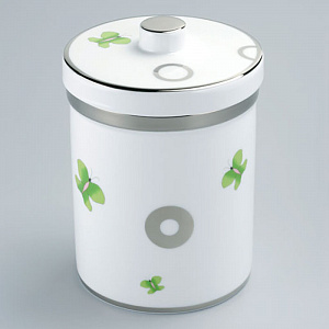 THG CAPUCINE VERT DECOR PLATINE Банка керамическая с крышкой, настольная, декор платина/зеленый, цвет: белый