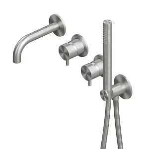 QuadroDesign Source Смеситель для ванны, встраиваемый,  на 2 потребителя, с изливом и ручным душем, цвет: Brushed Stainless Steel