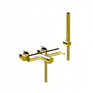 Bongio ON Смеситель для ванны, настенный, с ручным душем, настенным держателем и шлангом 150см., цвет: матовое французское золото
