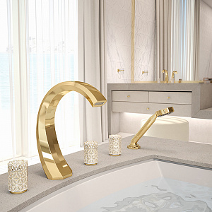 THG Nihal Porcelaine Ivoire Смеситель на борт ванны, на 5 отверстий, двойной, с ручным душем, цвет: Soft gold