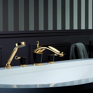 THG BAGATELLE PIERRE NOIRE MANETTES Смеситель для для установки на борт ванны на 4 отверстия, с ручным душем, ручки черные, цвет: полированное золото