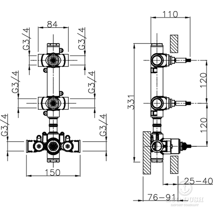 CISAL Встраиваемая часть термостатического смесителя 3/4" с двумя запорными вентилями, ZA01V20004