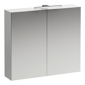 Laufen Base Шкафчик зеркальный 80x18.5x70cм, 2 дверцы, с горизонтальным элементом LED-подсветки, 2 стеклянные полки, 1 розетка, цвет: белый