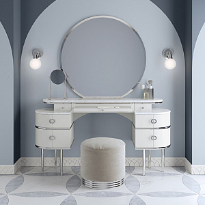 Devon&Devon Zelda Комплект тумба напольная 155х45х183 см,столешница, цвет мебели белый, ножки хром+ пуф круглый, цвет: белый+зеркало круглое